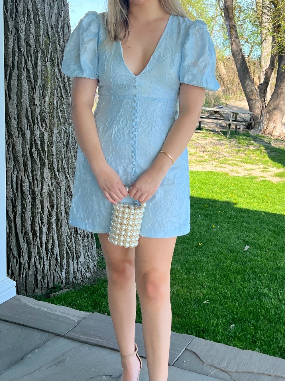 Bardot Pale Blue Puff-Sleeve V-Neck Mini Dress
